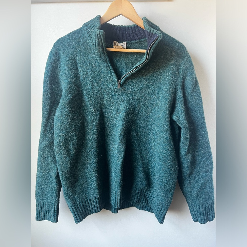 LL BEAN Green Shetland Wool Quarter Zip Sweater Preppy Academia Grandpa L